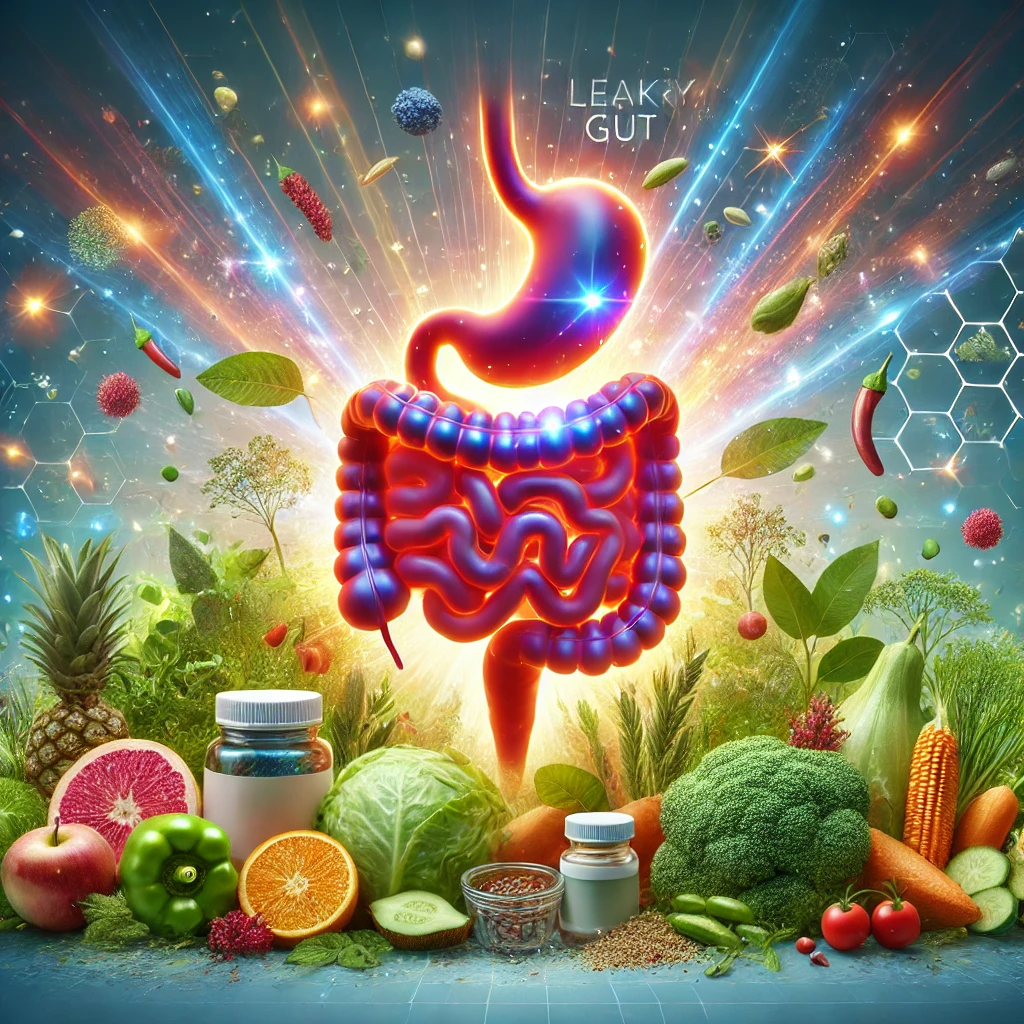 An image depicting the transformation of digestive health through functional medicine protocols. The image features a vibrant and healthy digestive system with glowing effects, surrounded by natural elements like fresh fruits, vegetables, herbs, and supplements, set against a clean, modern background with a gradient effect, symbolizing transformation and healing.