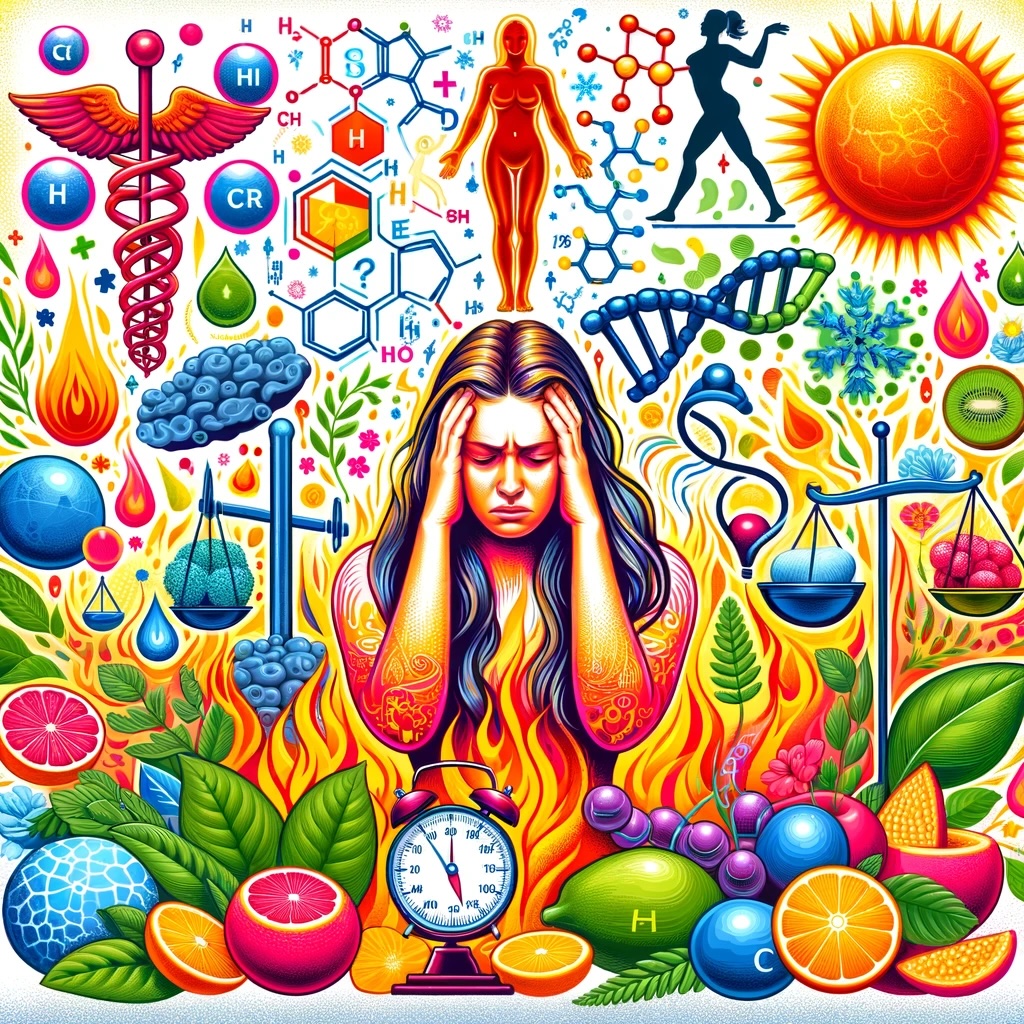 Illustration of a woman in frustration surrounded by symbols representing hormones, metabolism, hot flashes, and stubborn weight loss. The image includes chemical structures, gears, a running figure, flames, a scale with heavy weights, leafy greens, fruits, a caduceus, and a DNA helix, all depicted in bright, hopeful colors.