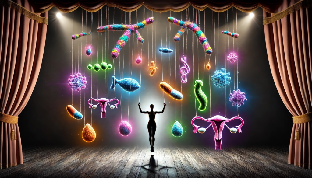 A dramatic image of a woman being controlled by puppet strings attached to various colorful hormones, symbolizing the concept of hormones manipulating the body's functions. The scene is set on a dark, theatrical stage with vibrant, glowing hormones highlighted by dramatic lighting.